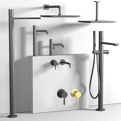 Modern Bathroom Faucet Design With Black And Gold Knobs Handheld Shower And Sleek Finish 3d model