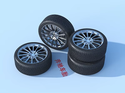 Black Tyres With Silver Spoke Rims Stacked And Single Arrangement 3d model