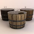 Wooden Barrel Shaped Coffee Table With Black Top Metal Bands And Wine Glasses