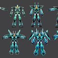Detailed Intelligent Robot Models Showcasing Multiple Angles With Blue Green Mechanical Design