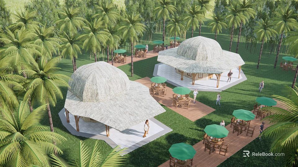 Round Wooden Huts With Thatched Roofs Palm Trees And Green Umbrellas In Outdoor Area 3d model 