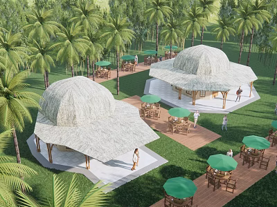 Round Wooden Huts With Thatched Roofs Palm Trees And Green Umbrellas In Outdoor Area 3d model