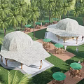 Round Wooden Huts With Thatched Roofs Palm Trees And Green Umbrellas In Outdoor Area