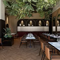 Elegant Restaurant Interior Design With Wooden Arched Walls Dining Tables And Green Plants
