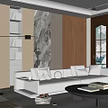 Modern Living Room Interior With Beige Sofa Large Windows Marble Wall And Wooden Cabinets
