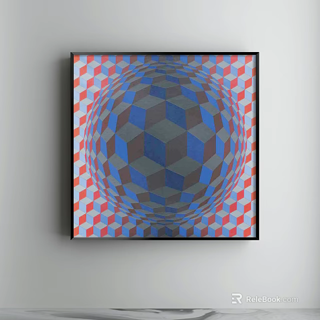 Modern Abstract Painting Featuring Blue Gray Red Geometric Patterns And Optical Illusion Wall Art 3d model 