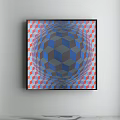 Modern Abstract Painting Featuring Blue Gray Red Geometric Patterns And Optical Illusion Wall Art