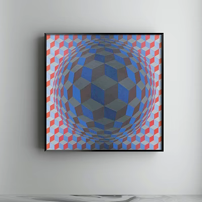 Modern Abstract Painting Featuring Blue Gray Red Geometric Patterns And Optical Illusion Wall Art 3d model