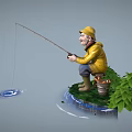 Cute Game Movie Character Fishing With Yellow Hat Jacket Green Grass Bucket And Water Ripples