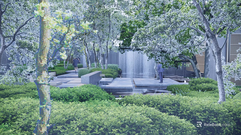 Garden Landscape Design With Tall Trees Lush Greenery Stone Pathways And Waterfall Feature 3d model 
