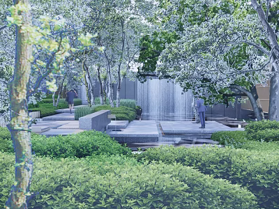 Garden Landscape Design With Tall Trees Lush Greenery Stone Pathways And Waterfall Feature 3d model