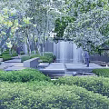Garden Landscape Design With Tall Trees Lush Greenery Stone Pathways And Waterfall Feature 3d model
