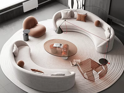 Modern Curved Sofa And Round Coffee Table Set On Circular Rug With Accent Chairs 3d model