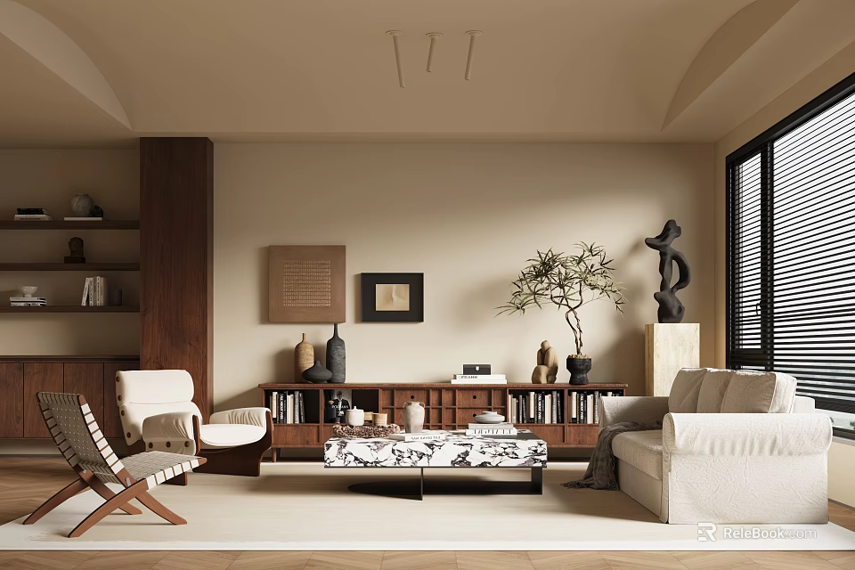 Modern Living Room Interior With Beige Sofa Wooden Bookshelf Olive Plant And Decorative Art 3d model 