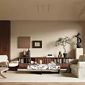 Modern Living Room Interior With Beige Sofa Wooden Bookshelf Olive Plant And Decorative Art