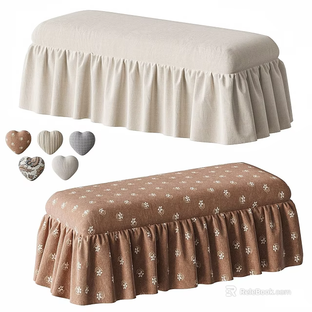 Beige And Brown Fabric Sofa Bench With Ruffled Skirt And Patterned Design 3d model 