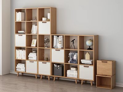 Wooden Modular Bookcase With Multiple Compartments White Panels And Decorative Books Globe Frames 3d model