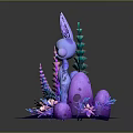 Fantasy Blue Rabbit Game Character With Large Ears Surrounded By Purple Pink Flowers Green Plants
