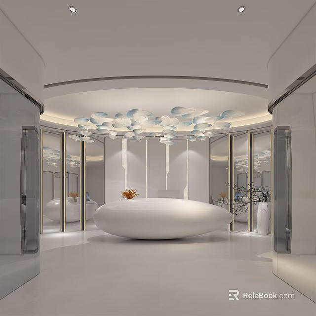 Modern Bright Front Reception Desk in Minimalist Lobby With Cloud Pendant Lights And Mirrored Walls 3d model 