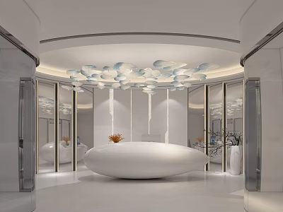 Modern Bright Front Reception Desk in Minimalist Lobby With Cloud Pendant Lights And Mirrored Walls 3d model