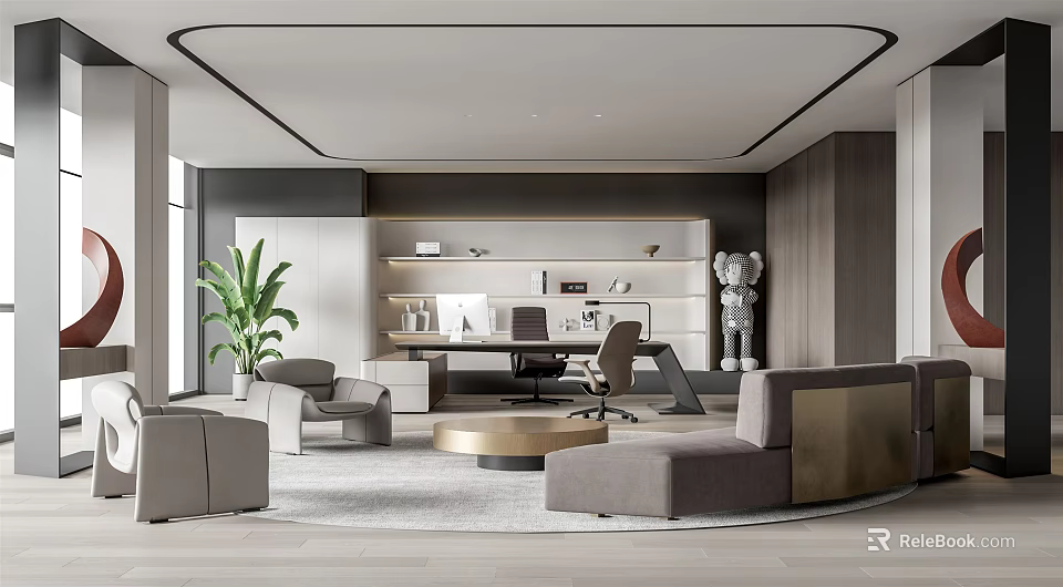 Modern Office Interior Design With Executive Desk Comfortable Sofa Green Plant And Art Sculpture 3d model 