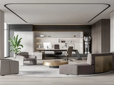 Modern Office Interior Design With Executive Desk Comfortable Sofa Green Plant And Art Sculpture 3d model