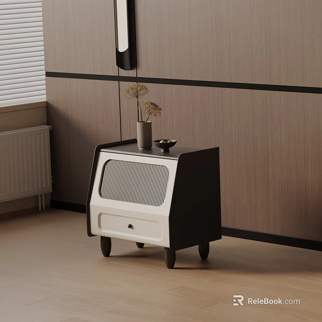 Modern Black And White Bedside Table With Striped Drawer Vase Dried Flowers And Small Bowl 3d model 