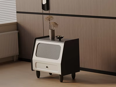 Modern Black And White Bedside Table With Striped Drawer Vase Dried Flowers And Small Bowl 3d model