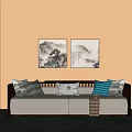 Beige Sectional Sofa With Chinese Landscape Paintings And Decorative Pillows On Beige Wall
