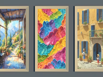 Three Framed Wall Artworks With Landscape Abstract Colorful Design And Village Building Scenes 3d model