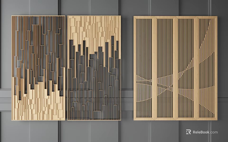 Modern Wooden Room Dividers With Geometric Patterns And Textured Panels 3d model 