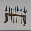 Traditional Weapons Display With Multiple Spears And Axes On Wooden Rack
