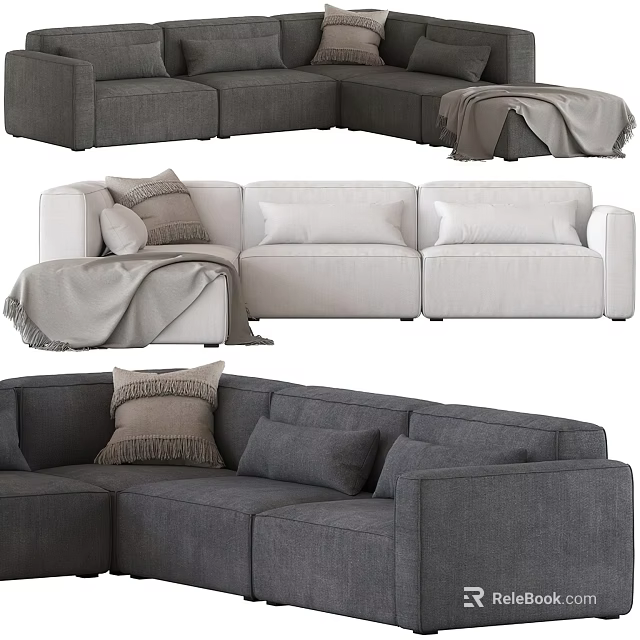 Modern Sectional Sofa in Gray and Beige with Pillows and Throw Blanket Design 3d model 