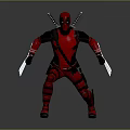 Man In Red Costume With Mask Holding Dual Blades And Katana Swords On Back