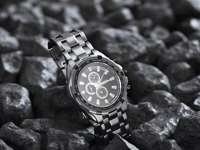 Silver Stainless Steel Watch With Elegant Design On Black Stones Background 3d model