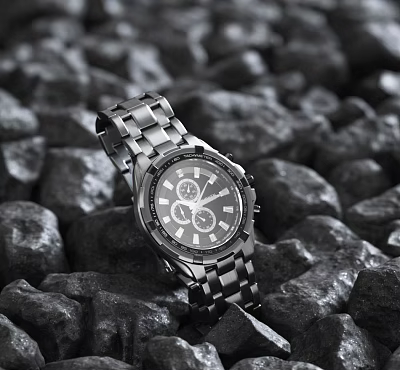 Silver Stainless Steel Watch With Elegant Design On Black Stones Background 3d model