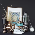 Vintage Style Decorative Ornament Set With Brass Vase Dried Grass Bird Figurine And Lantern