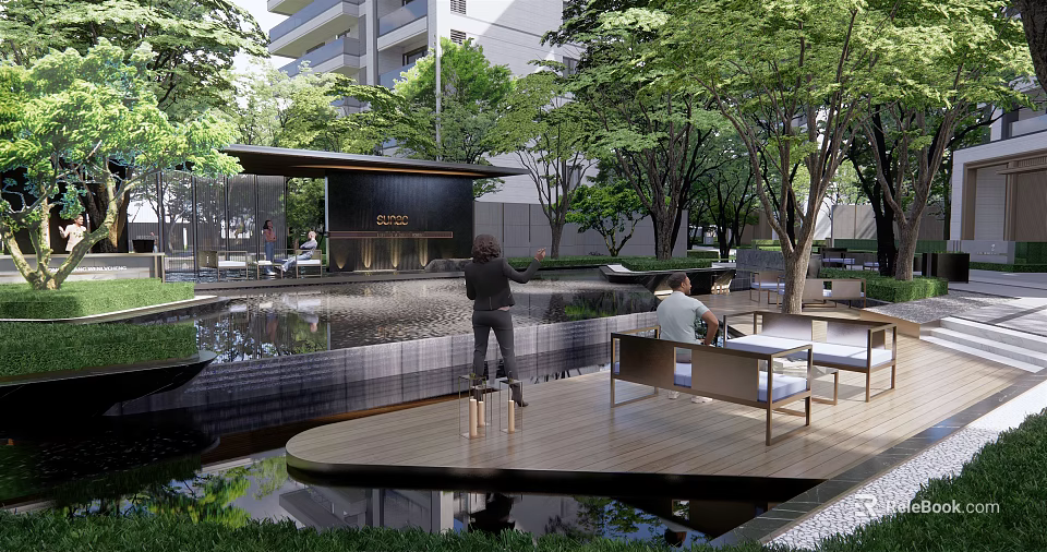 Modern Pergola Outdoor Landscape Design With Wooden Deck Water Feature And Seating Trees 3d model 