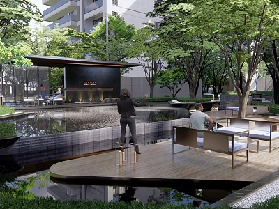 Modern Pergola Outdoor Landscape Design With Wooden Deck Water Feature And Seating Trees 3d model