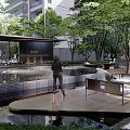 Modern Pergola Outdoor Landscape Design With Wooden Deck Water Feature And Seating Trees