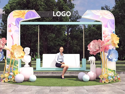 Vibrant Photo Check in Spot With Swing Bench Colorful Flowers And Ball Decor On Grass 3d model
