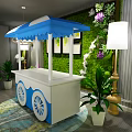 White And Blue Functional Cart With Canopy Wheels And Green Plant Wall Decor