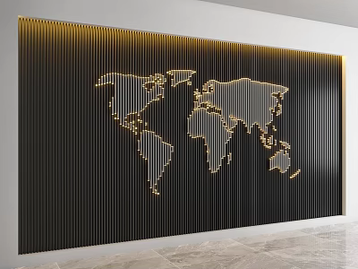 Modern Black Background Wall with Vertical Stripes and Gold World Map Outline 3d model