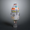 Futuristic Cone Shaped Space Probe With Orange Gray Body Blue Window And Warning Stripes