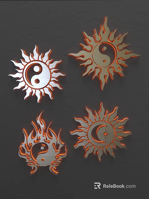 Sun Shaped Wall Decor with Yin Yang Symbols Flame Design Moon Star on Dark Wall 3d model 