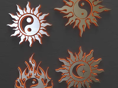 Sun Shaped Wall Decor with Yin Yang Symbols Flame Design Moon Star on Dark Wall 3d model