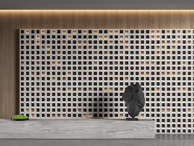 Interior Decor With Grid Pattern Wall Stone Countertop Decorative Stone And Green Plant 3d model