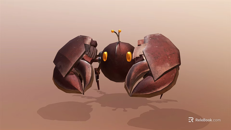3D Robotic Crab Character With Large Claws Yellow Eyes Small Antennae And Metallic Shell 3d model 