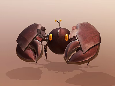3D Robotic Crab Character With Large Claws Yellow Eyes Small Antennae And Metallic Shell 3d model