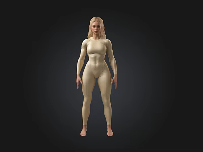 Realistic Blonde Female 3D Model In Skin tight Outfit Against Black Background 3d model
